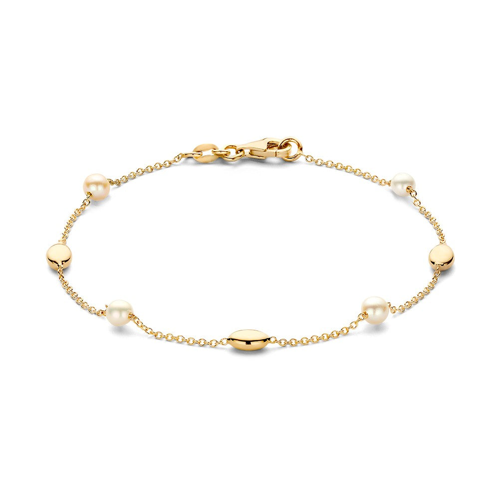 Pulsera de oro amarillo de 14 quilates con perlas y elementos dorados, longitud de 19 cm.