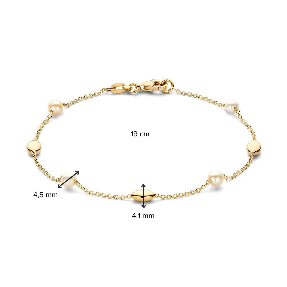 Pulsera de oro amarillo con perla y elementos de oro – Pulsera de mujer de 14 quilates 19 cm