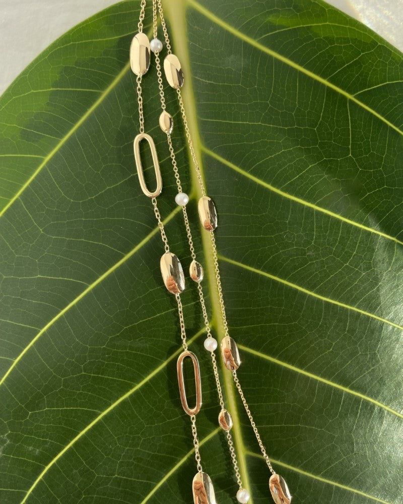 Pulsera de oro amarillo con perla y elementos de oro – Pulsera de mujer de 14 quilates 19 cm