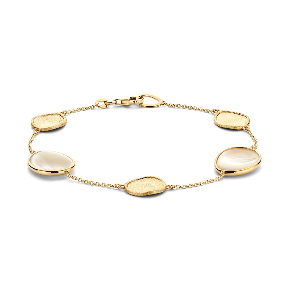 Pulsera de oro amarillo con elementos mate y detalles de nácar.