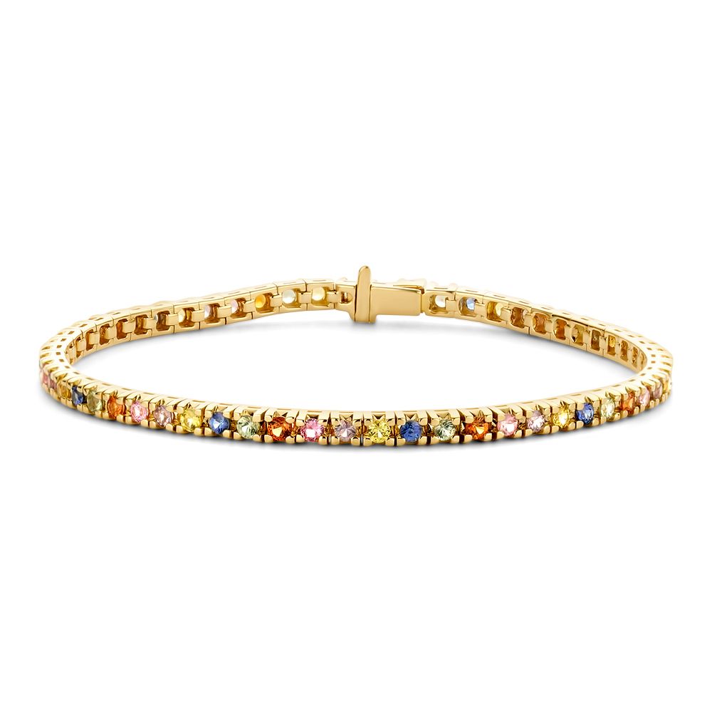 Pulsera de tenis de oro amarillo con zafiros de colores, 14 quilates y 3.65 crt.