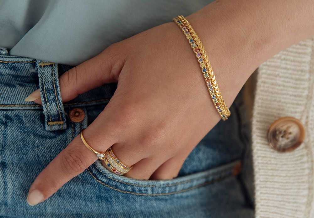 Pulsera de oro amarillo con zafiros arcoíris - Pulsera de mujer de 14 quilates 3.65 crt