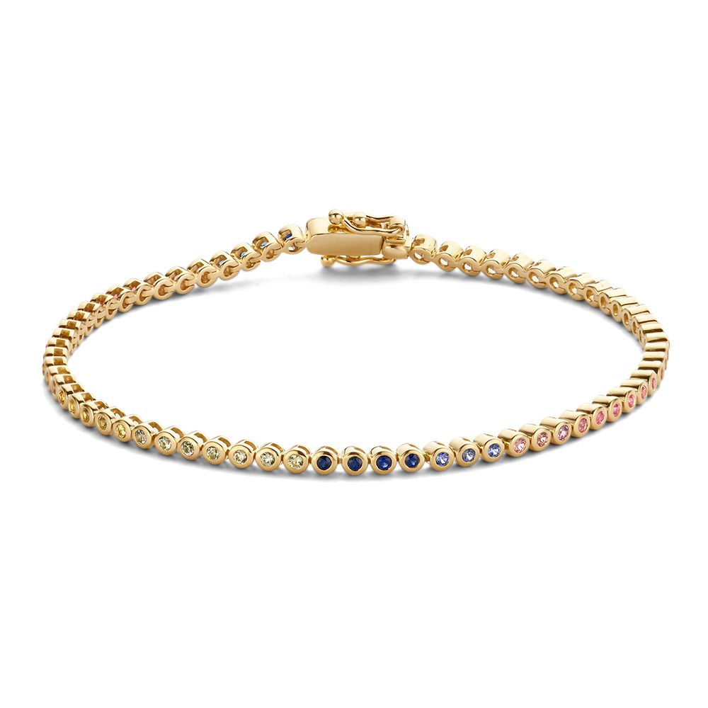 Pulsera de tenis de zafiros arcoíris en oro amarillo de 14 quilates, con 1.65 crt.