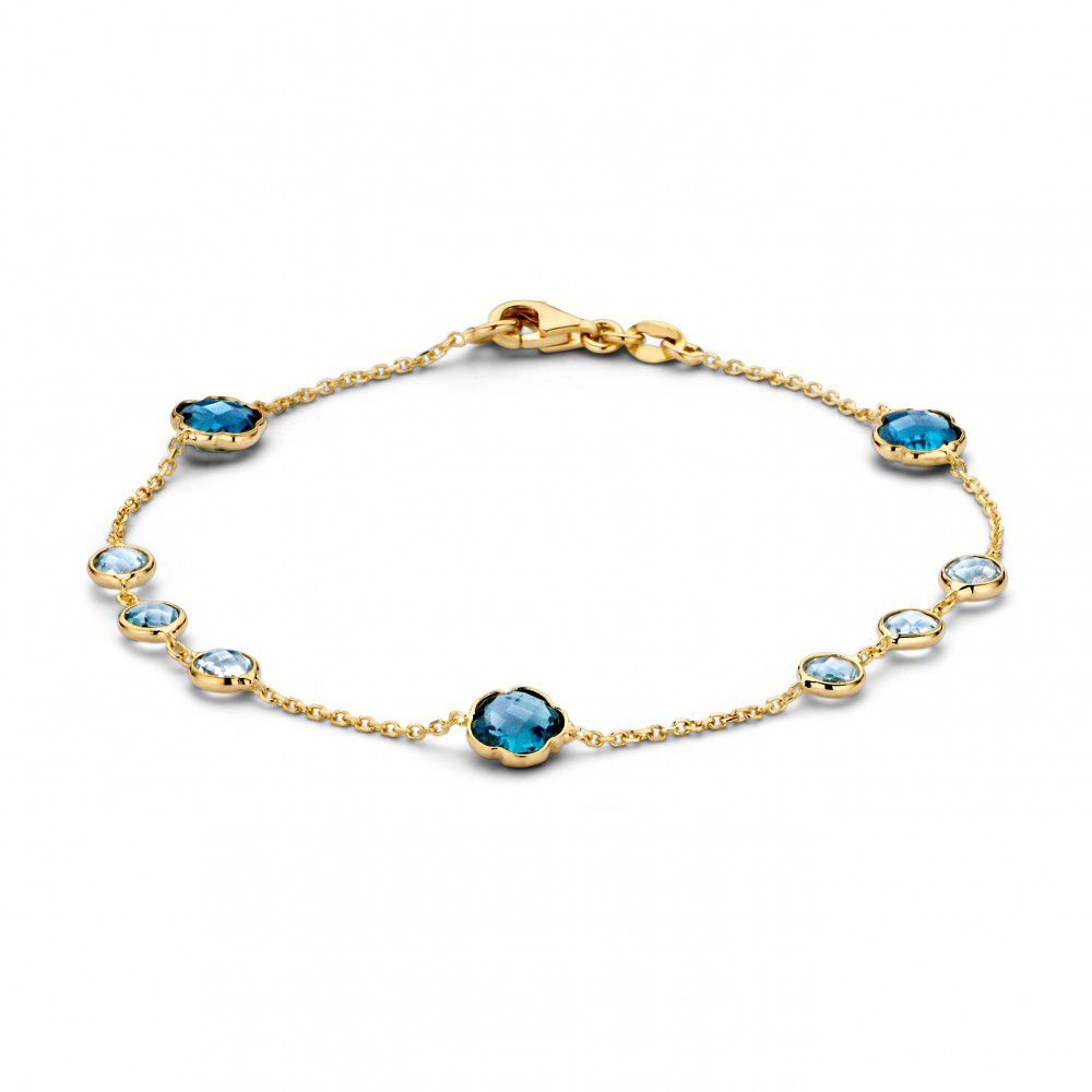 Pulsera de oro amarillo de 14 quilates con topacios azules, longitud de 19 cm.