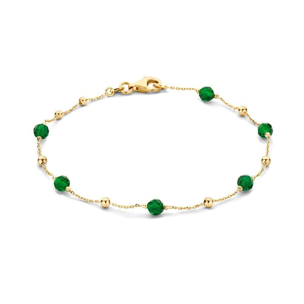 Pulsera de oro amarillo de 14 quilates con bolitas de circonita verde oscuro, longitud de 19 cm.
