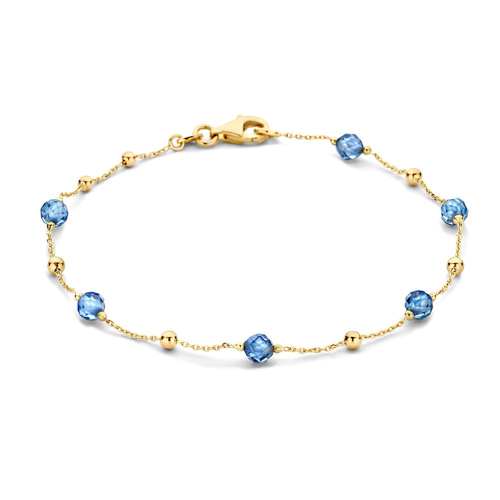 Pulsera de oro amarillo con bolitas de circonita azul oscuro, de 19 cm.
