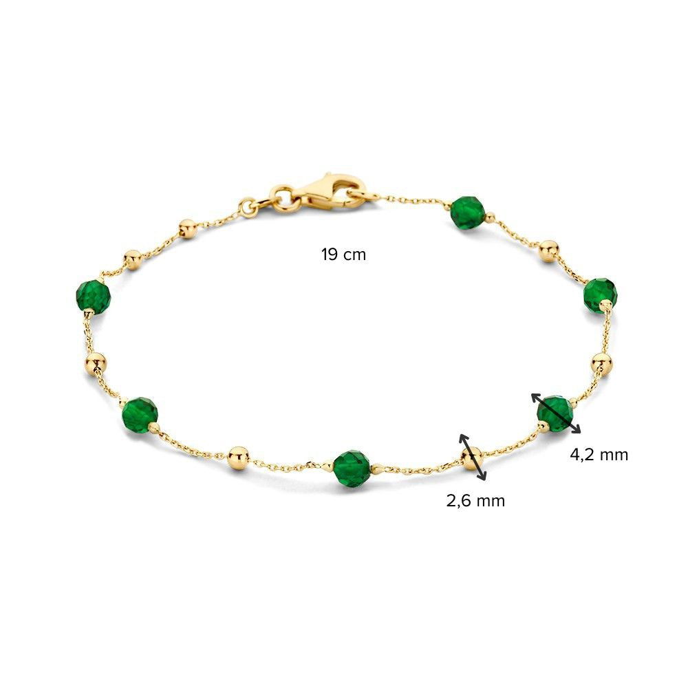 Pulsera de oro amarillo con bolitas de zirconia verde oscuro – Pulsera de mujer de 14 quilates 19 cm