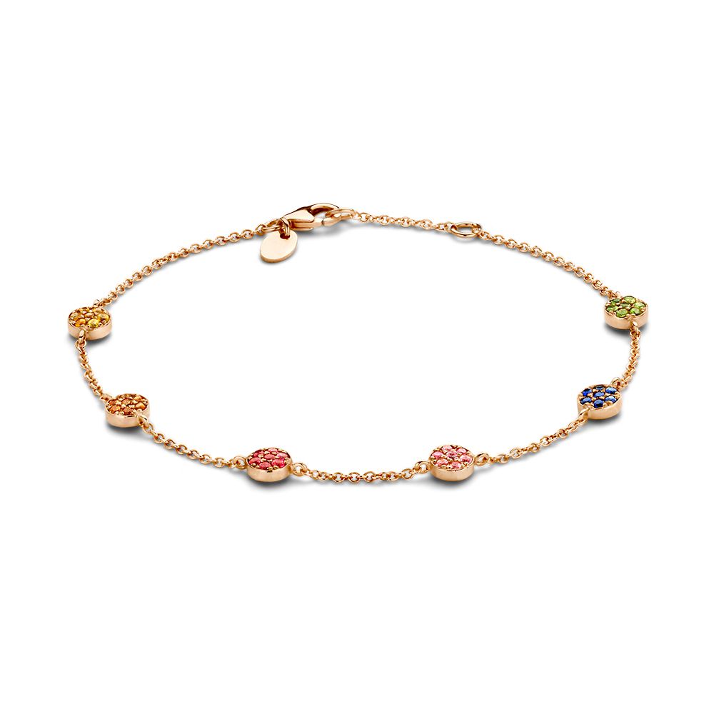 Pulsera de oro rosado con charms de zafiros en colores del arcoíris.