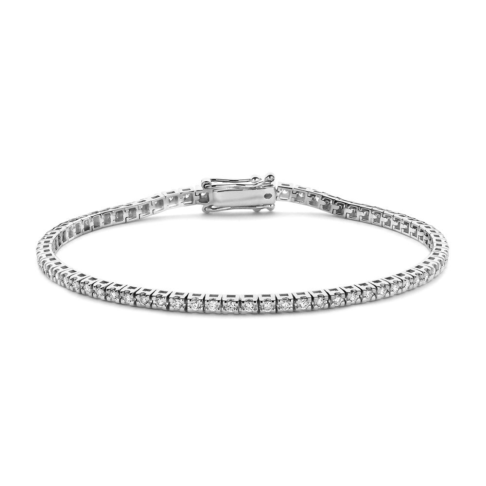 Pulsera de oro blanco con diamantes de 0.95 crt, diseño elegante y cierre de seguridad.