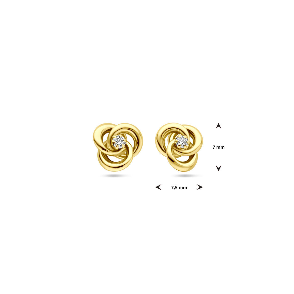 Van der Kooij Collectie oorknoppen zirkoon 7 mm in 14K geelgoud, elegante knoopstijl met centrale zirkoon, ca. 7 mm hoog en 7,5 mm breed, getoond op een witte achtergrond.