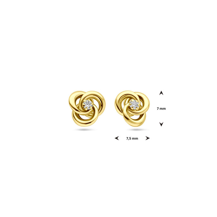 Van der Kooij Collectie oorknoppen zirkoon 7 mm in 14K geelgoud, elegante knoopstijl met centrale zirkoon, ca. 7 mm hoog en 7,5 mm breed, getoond op een witte achtergrond.
