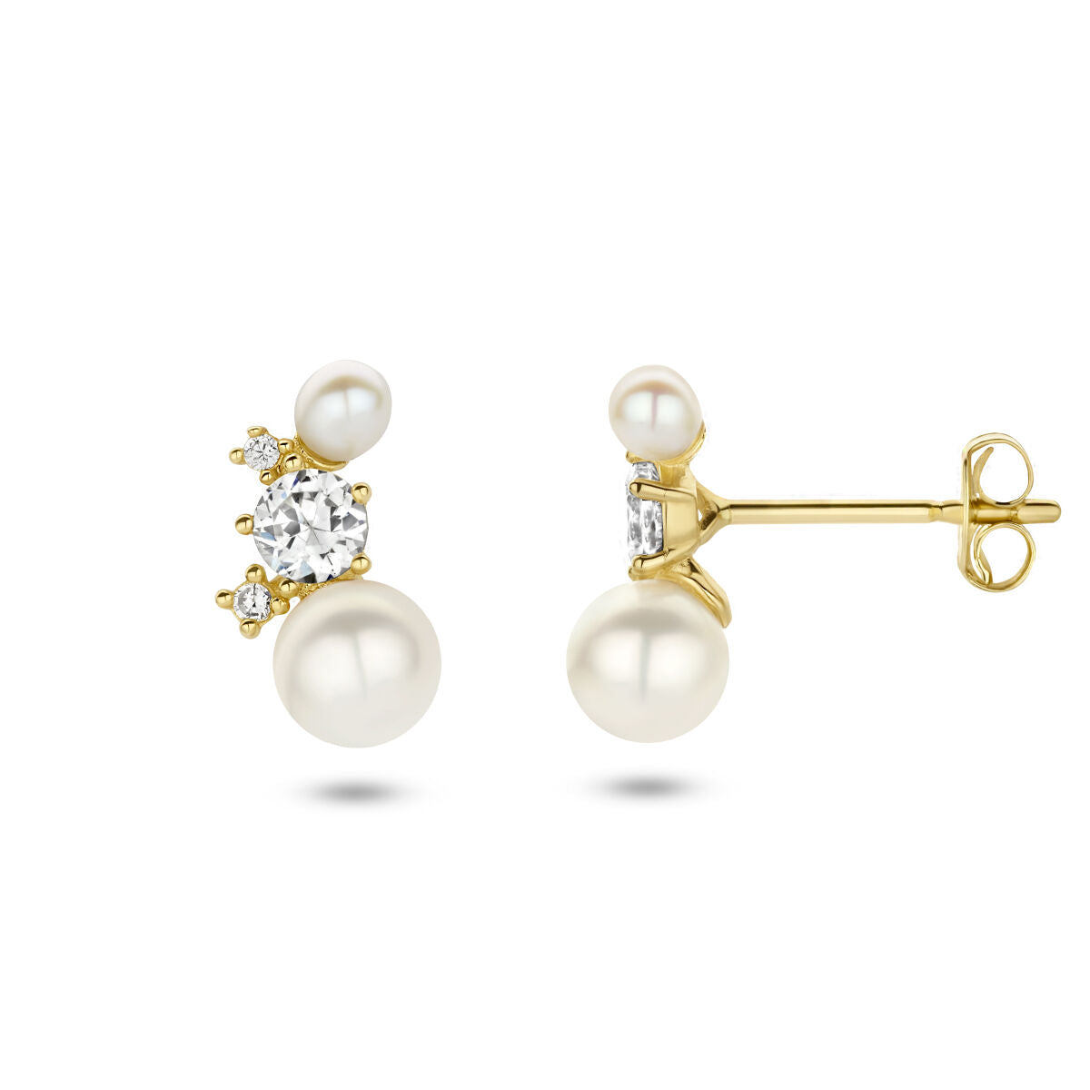 pendientes de botón de perla y circonita en oro amarillo de 14K