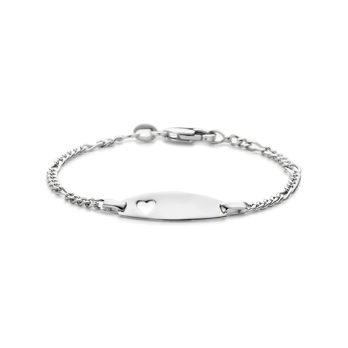 Pulsera de plata con placa ovalada y detalles en forma de corazón, ajustable de 11 a 13 cm.