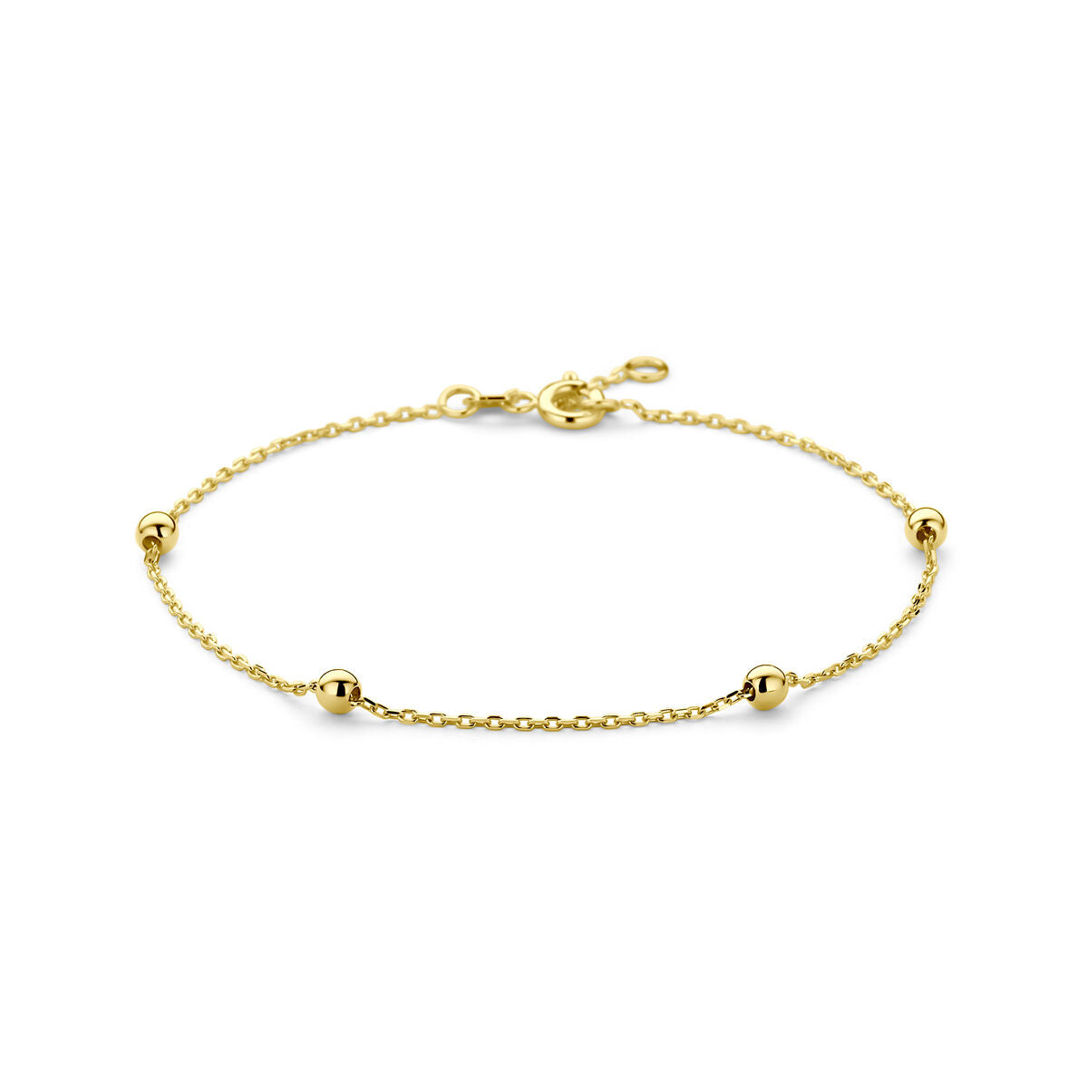 Pulsera de oro amarillo de 14 quilates con anclas y bolitas de 1,0 mm, ajustable de 17,5 a 18,5 cm.