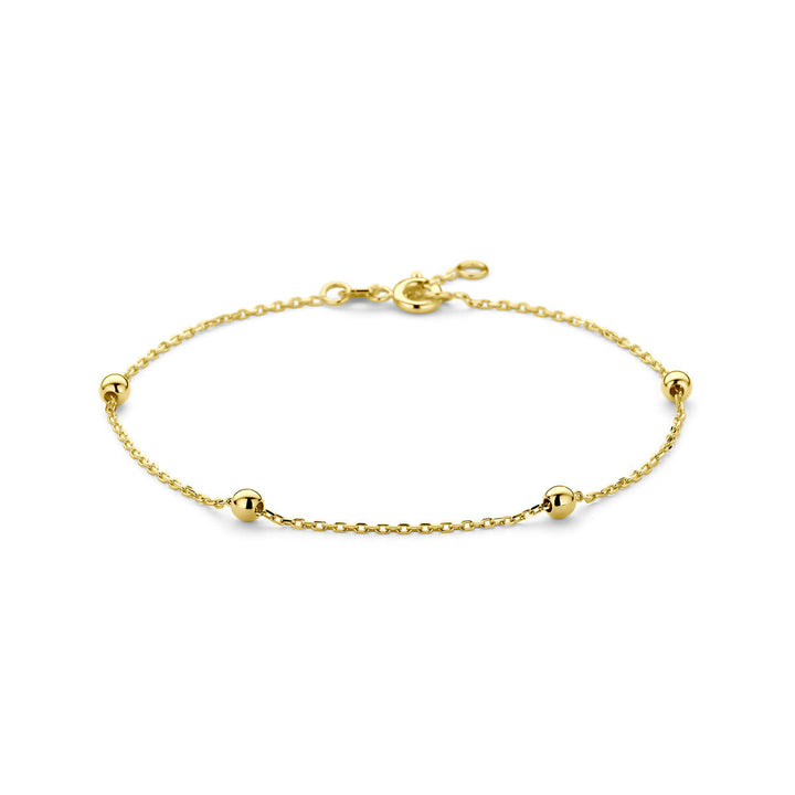 Van der Kooij Collectie armband anker en bolletjes 1,0 mm van 14K geelgoud, lengte 17,5-18,5 cm met karabijnsluiting; vijf gelijkmatig verdeelde kralen maken het een elegante dames sieraad op een witte achtergrond.