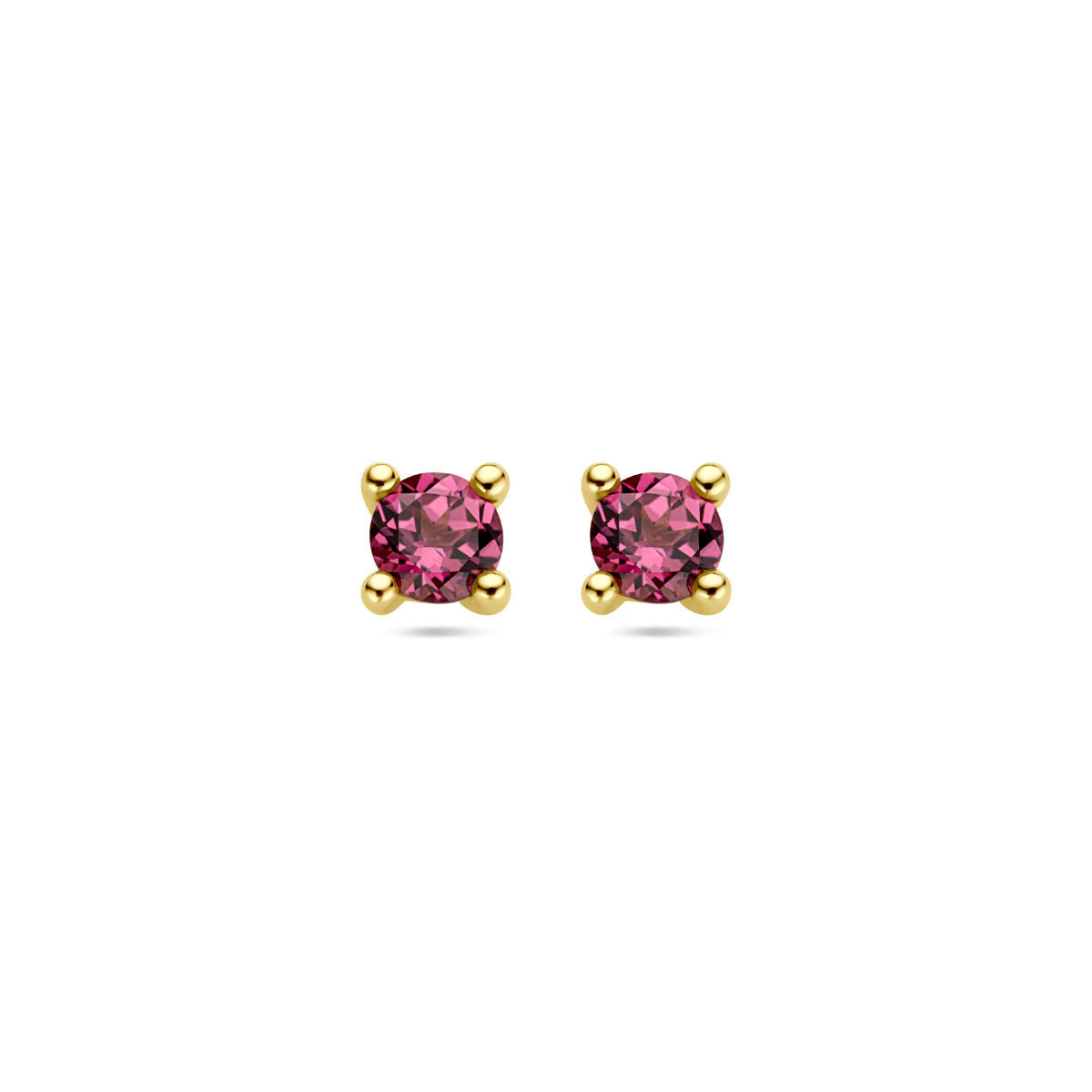 Pendientes de oro amarillo de 14K con piedras de rhodolita rosa.