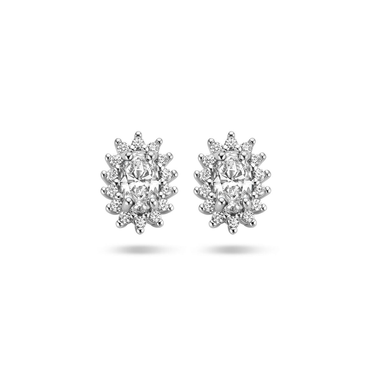 Pendientes de zircón halo en plata rodiada con forma ovalada y detalles brillantes.