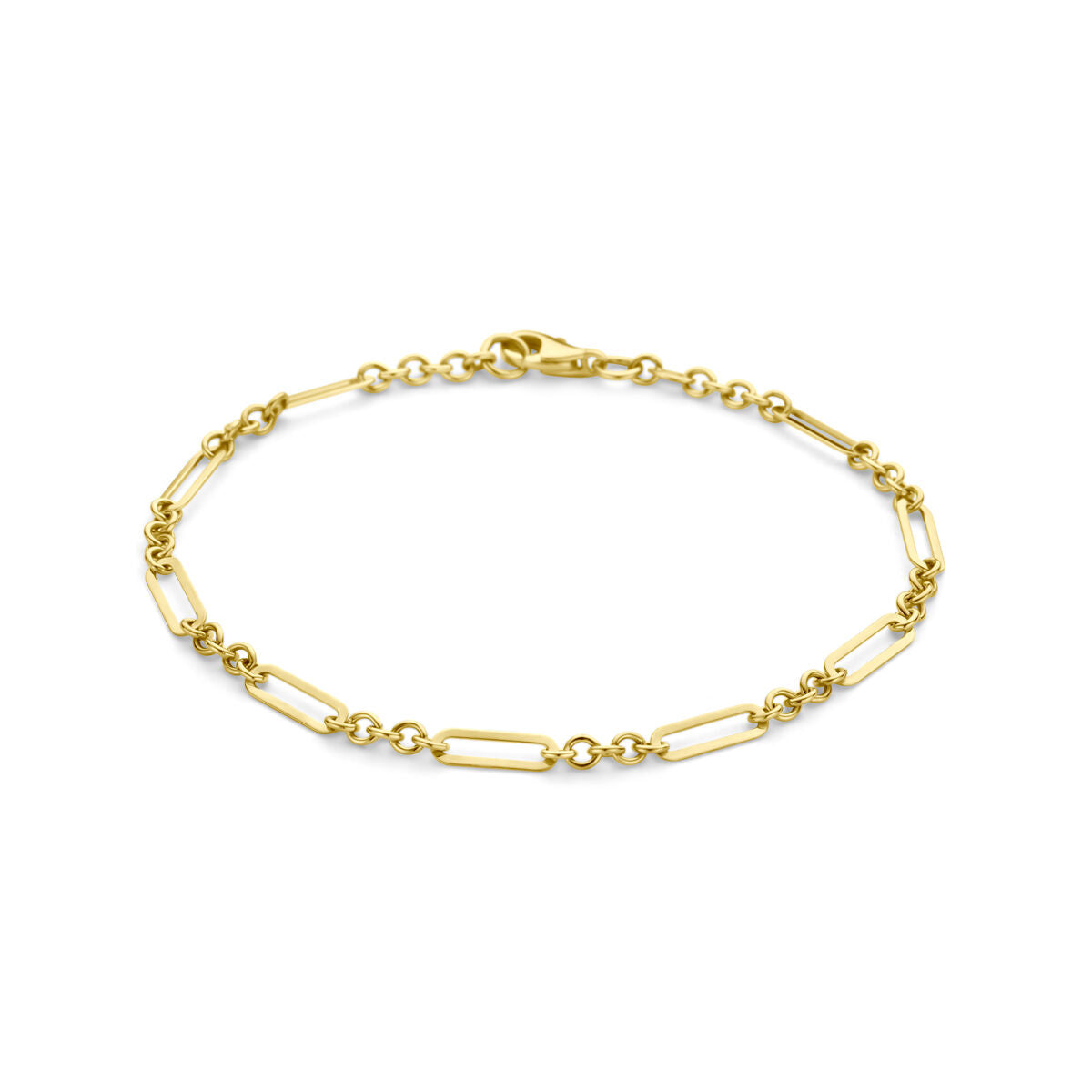 Pulsera dorada de 14K con eslabones alargados y cierre de langosta.