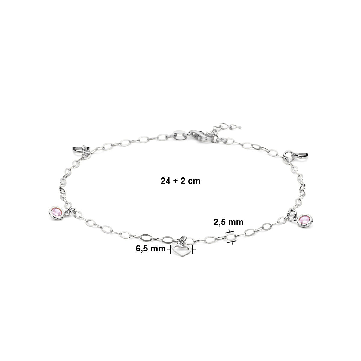 pulsera de plata con corazón y circonita rosa 24 + 2 cm