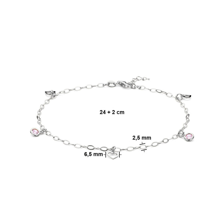 zilveren enkelbandje hart en roze zirkonia 24 + 2 cm