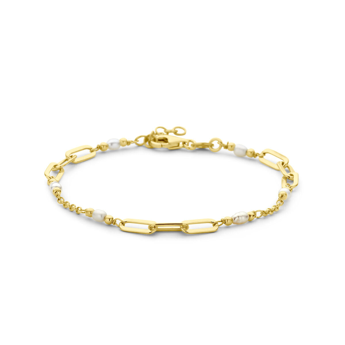 Pulsera de perlas en plata dorada de 3 micrones, con eslabones y cierre de mosquetón.