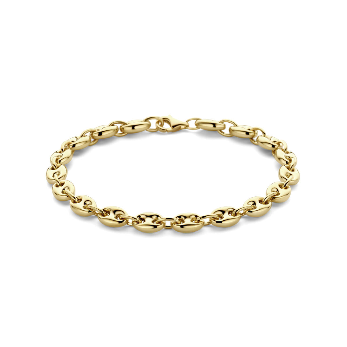 Pulsera de 14K en forma de grano de café, color dorado, con eslabones de 6 mm y longitud de 19 cm.