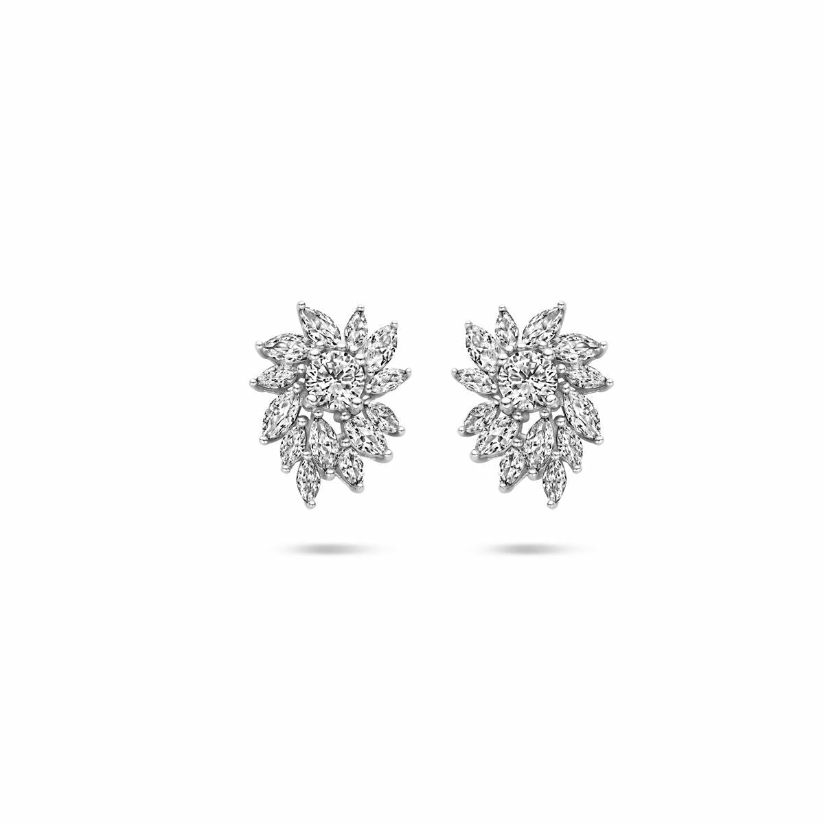 Pendientes de zircón de 18 mm en plata rodiada con forma de flores.