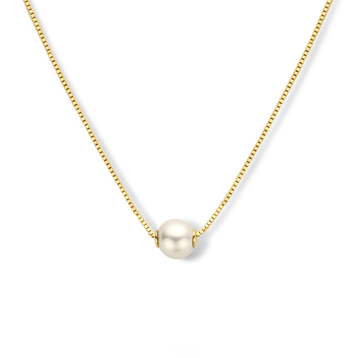 Collar de perla en oro amarillo de 14K con cadena fina de 42 a 45 cm.
