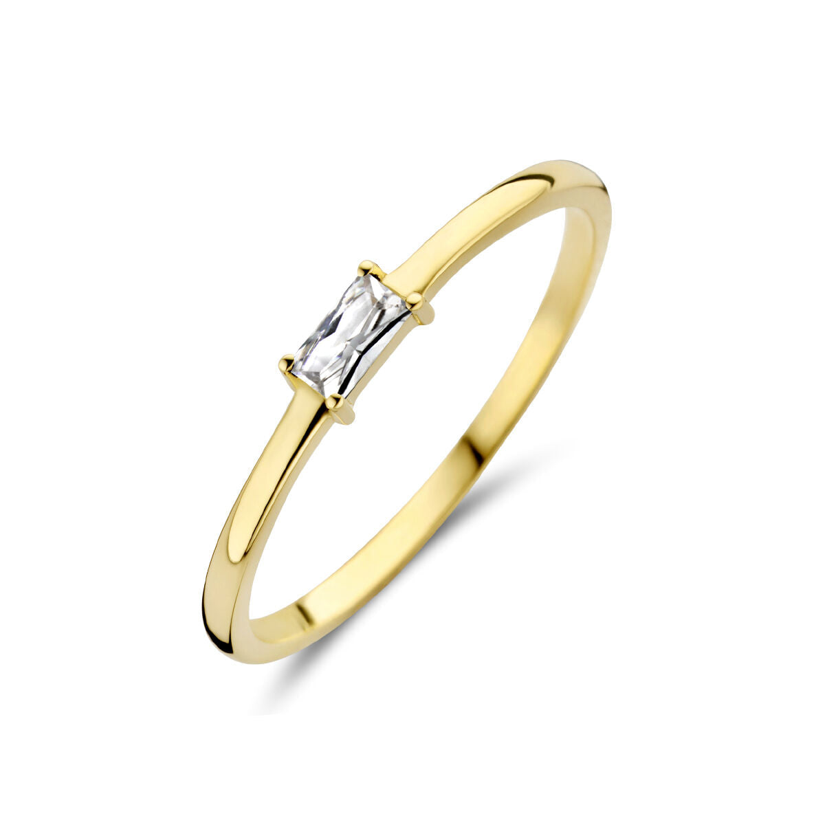 Anillo de oro amarillo de 14 quilates con piedra de nacimiento zircón en forma rectangular.