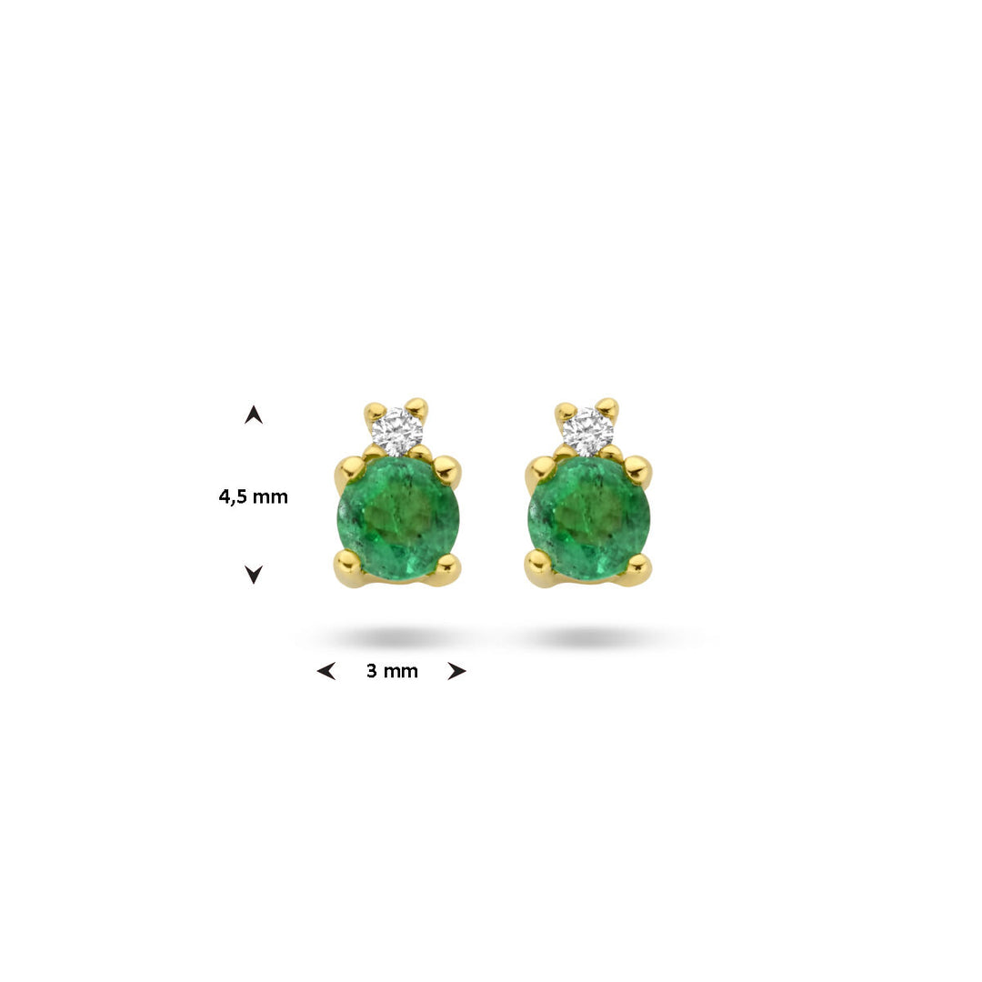 Van der Kooij Collectie oorknoppen smaragd en diamant 0.015ct (2x 0.0075ct) h p1 in 14K geelgoud voor dames, met ronde groene en kleine heldere stenen, 4,5 mm hoog en 3 mm breed.