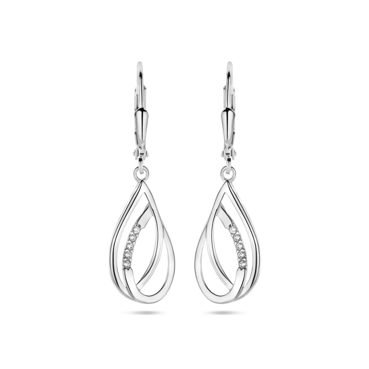 Pendientes largos de plata rodiada con forma de gota y zirconias brillantes.