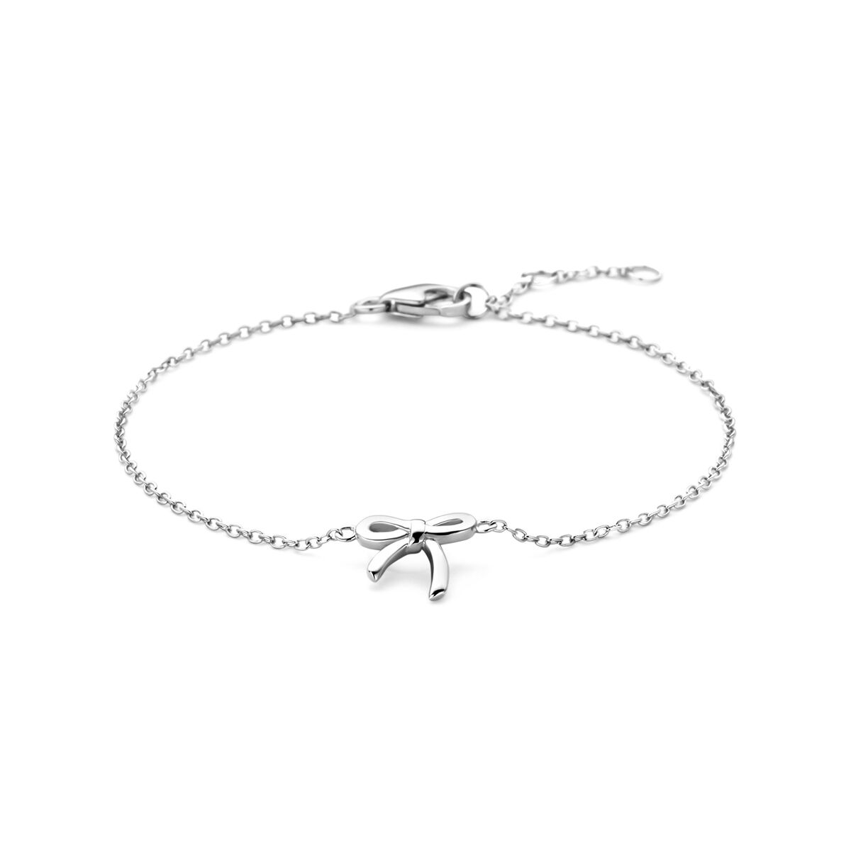 Pulsera de plata rhodium con un diseño de lazo en el centro y cadena delicada.