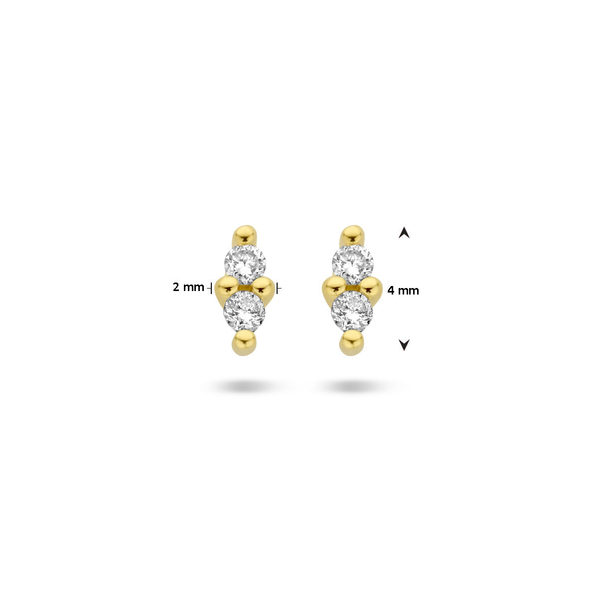 Van der Kooij Collectie oorknoppen diamant 0.04ct (2x 0.02ct) h p1 in 14K geelgoud: elegante damesoorbellen met drie ronde diamanten in een trio, ca. 2 mm breed en 4 mm hoog.