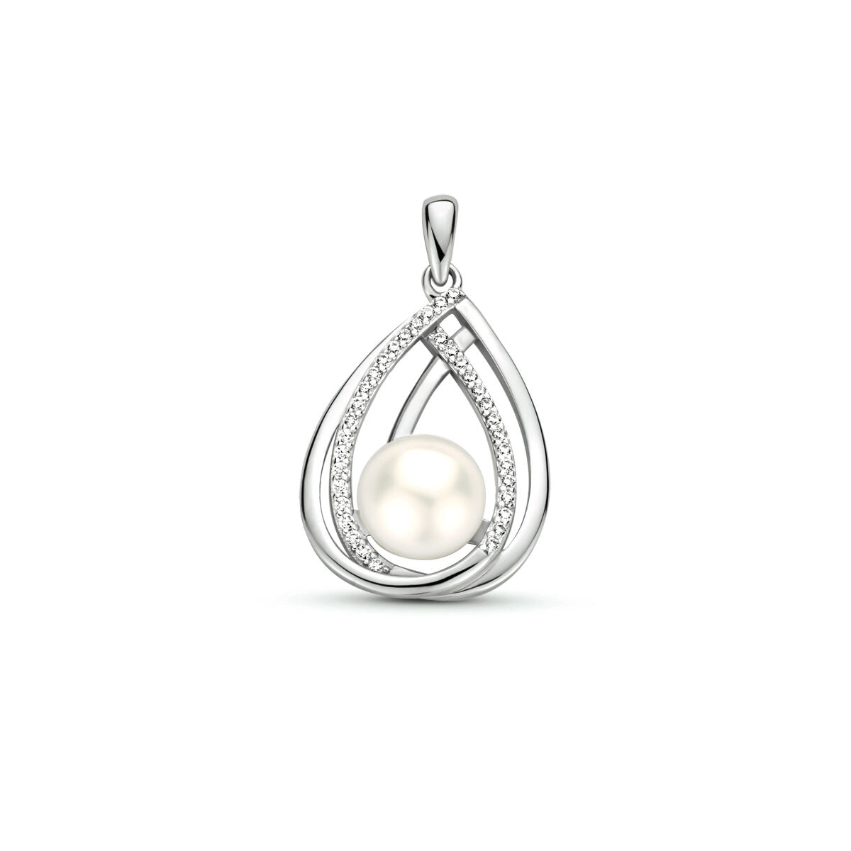 Colgante de plata rodiada con una perla central y detalles de circonitas en forma de gota.