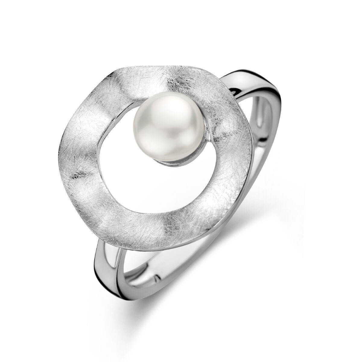 Anillo de plata rodiada con diseño circular y perla en el centro.