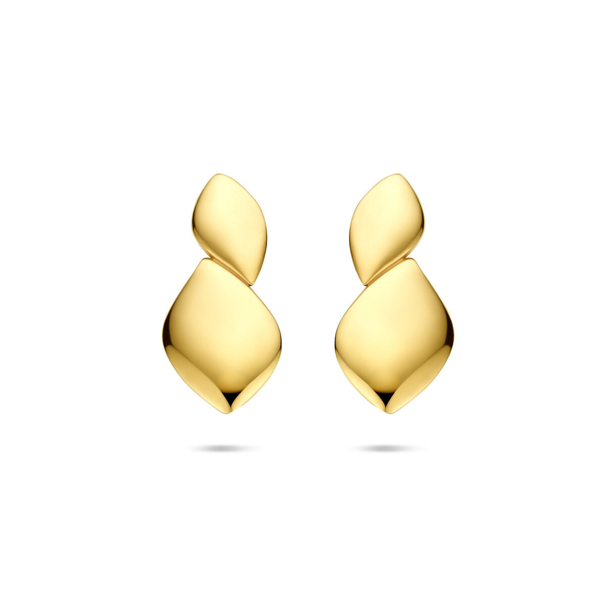 Pendientes largos de oro de 14k con diseño alargado y formas curvas.