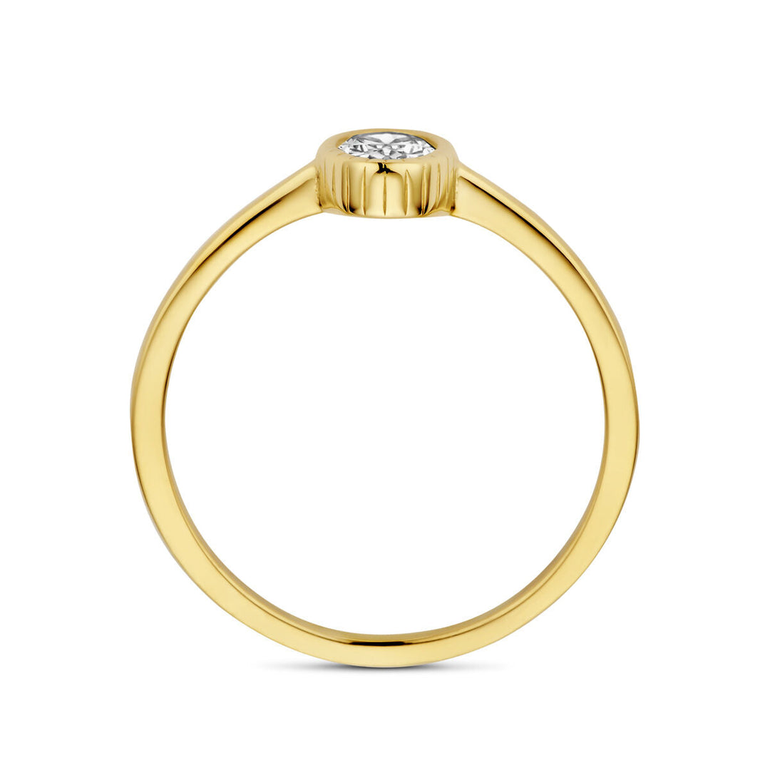 De Van der Kooij Collectie ring zirkonia 14K geelgoud is een damesring met een dunne band en een ronde, bezel-gezette zirkonia als middelpunt.