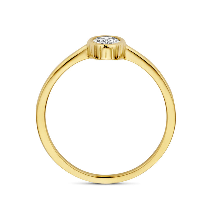 De Van der Kooij Collectie ring zirkonia 14K geelgoud is een damesring met een dunne band en een ronde, bezel-gezette zirkonia als middelpunt.