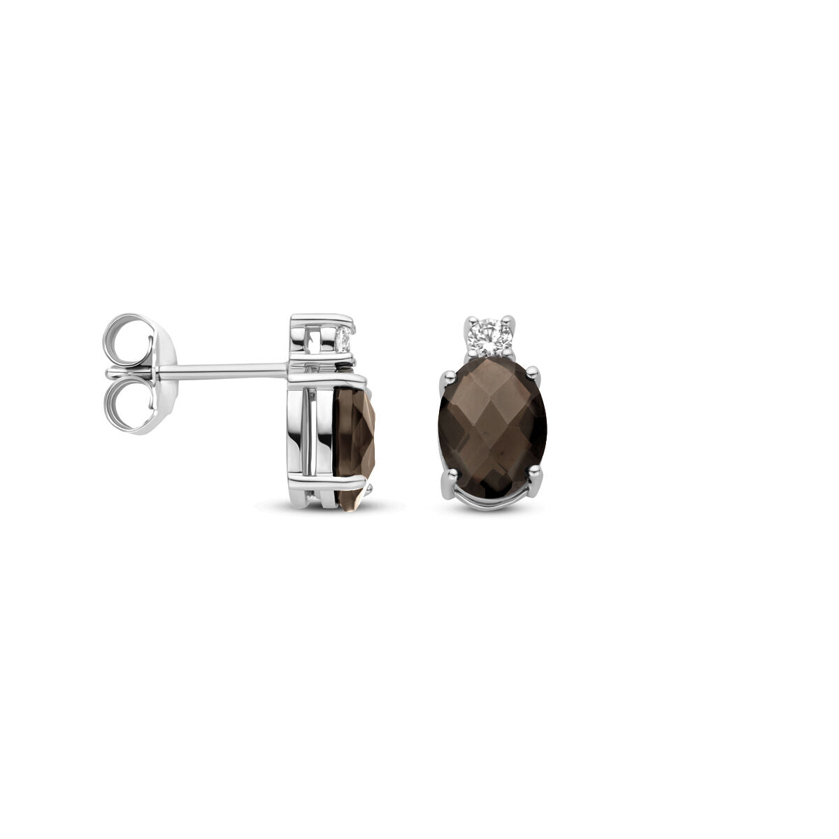 pendientes de botón de cuarzo ahumado y circonita 10,5 mm plata rodiada