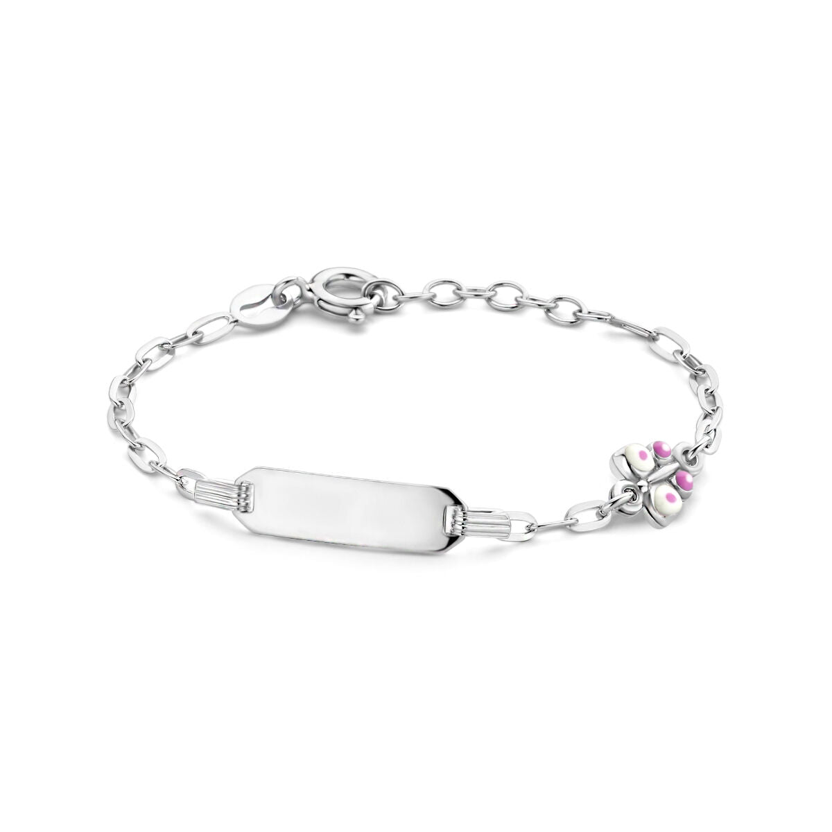 Pulsera de bebé de plata con placa y mariposa, 5,0 mm, con acabado rodiado.