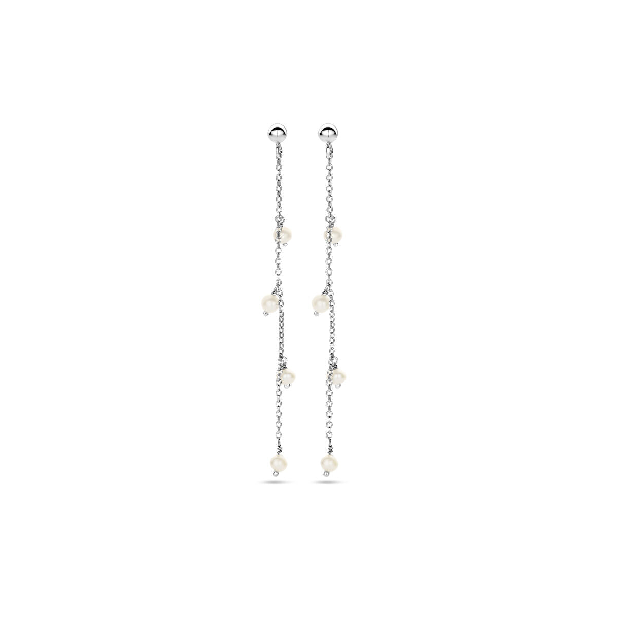 Pendientes largos de plata rhodium con perlas blancas colgantes.