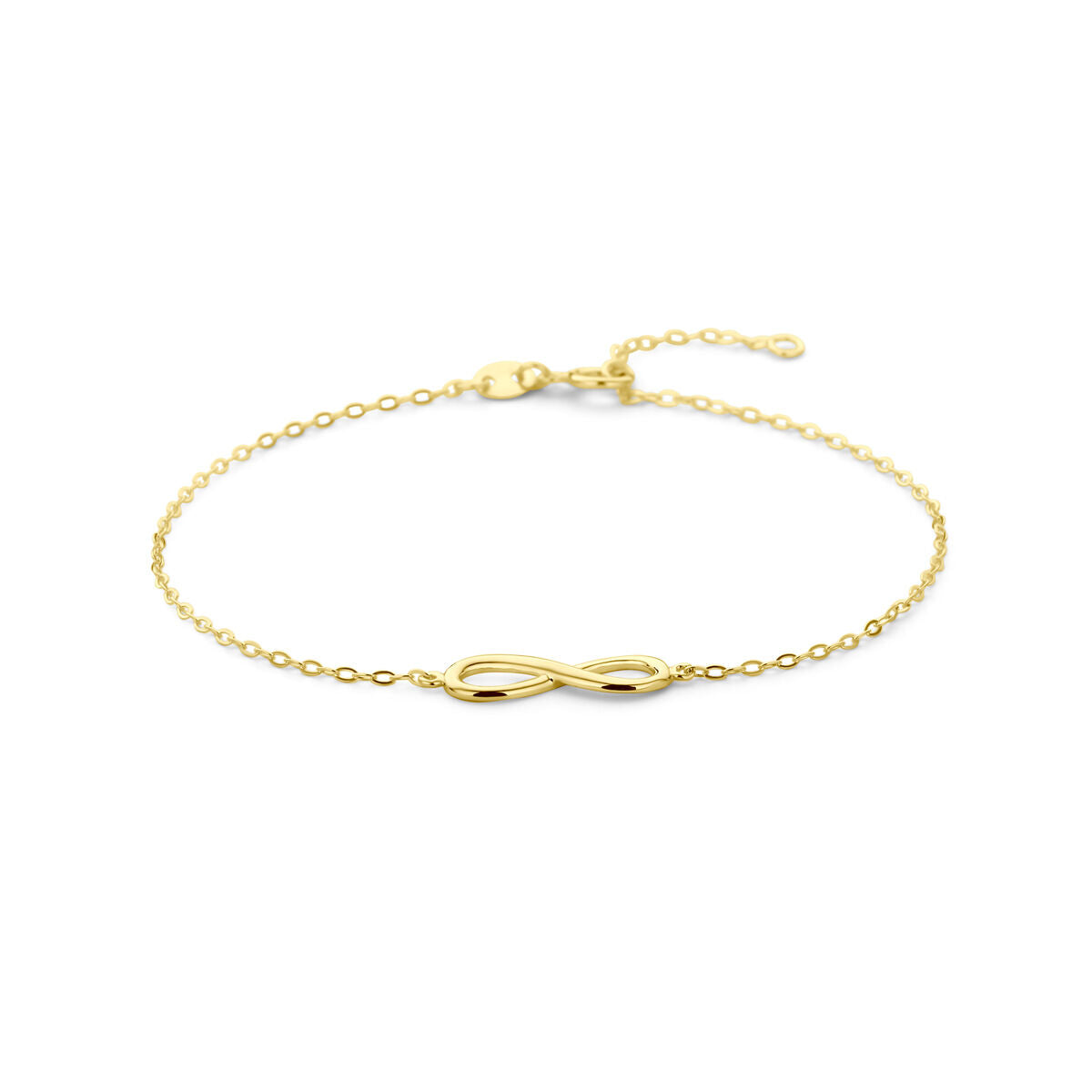 Pulsera dorada de infinito en oro de 14 quilates con cadena delicada.