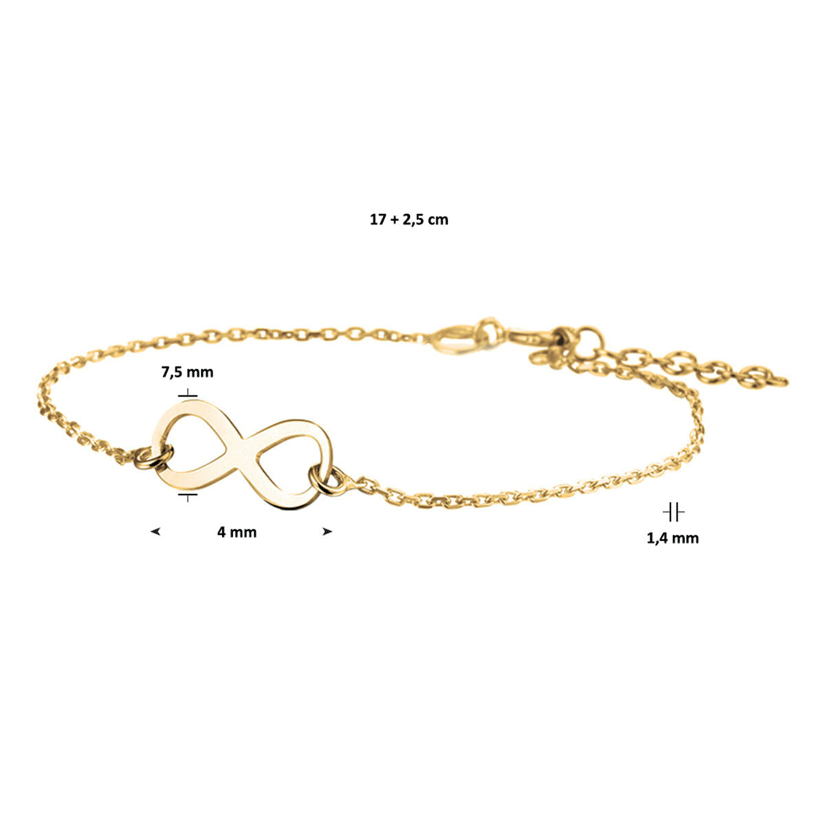 pulsera infinity 17 + 2,5 cm 3 micrones plata chapado en oro amarillo