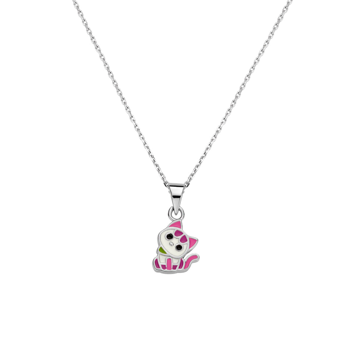 Collar de plata rodiada con colgante en forma de gato, decorado con detalles en rosa.