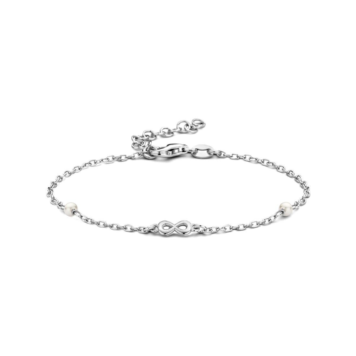 Pulsera de plata rodiada con perlas sintéticas y símbolo de infinito, de 16 a 3 cm.