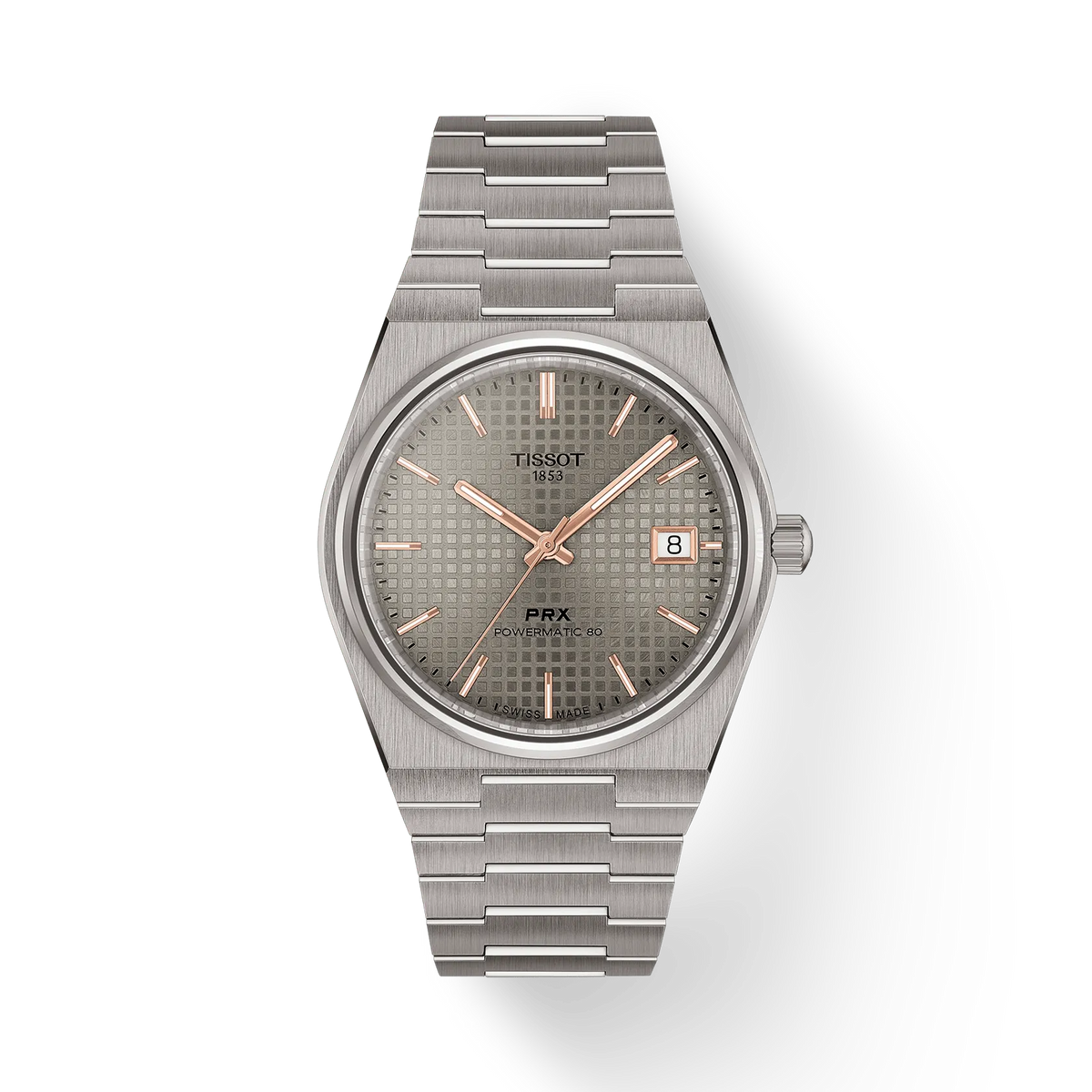 Reloj Tissot PRX de titanio de 38 mm con esfera gris y detalles en rosa, correa de eslabones.