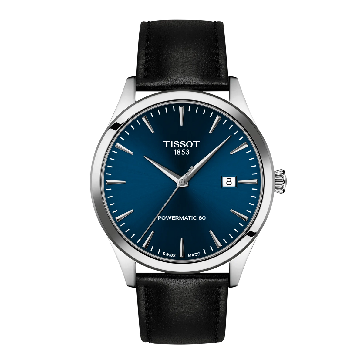 Reloj Tissot Classic Dream de 40 mm con esfera azul, caja de acero inoxidable y correa de cuero negra.