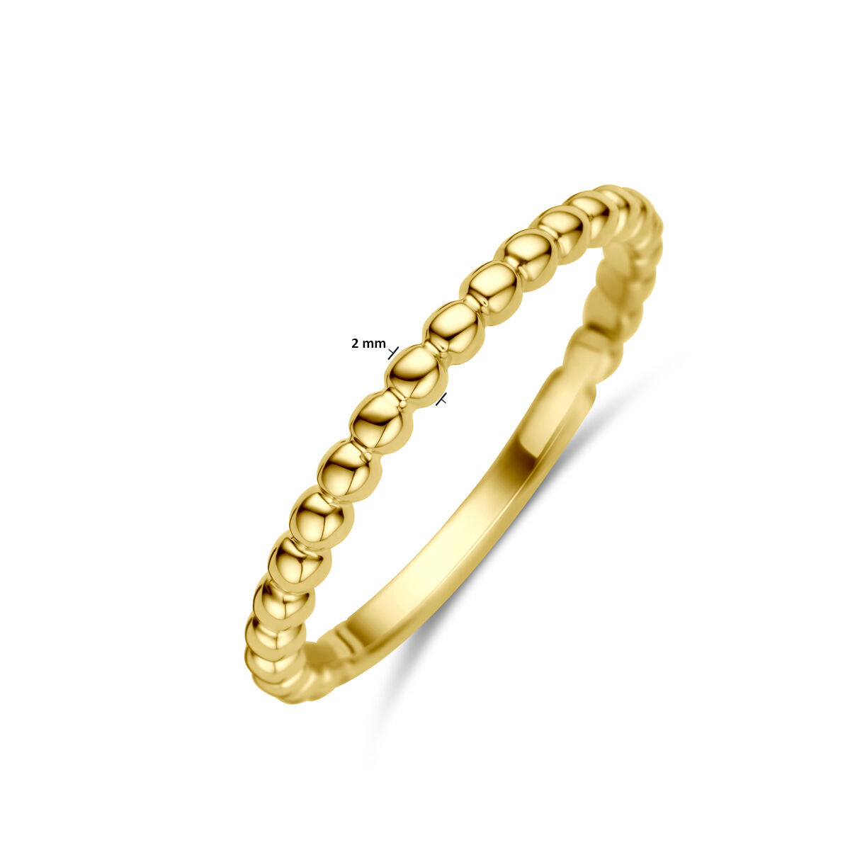 De 14K geelgoud ring van Van der Kooij Collectie heeft een delicaat kralenontwerp langs de bovenste helft, is 2 mm breed en is afgebeeld op een witte achtergrond.