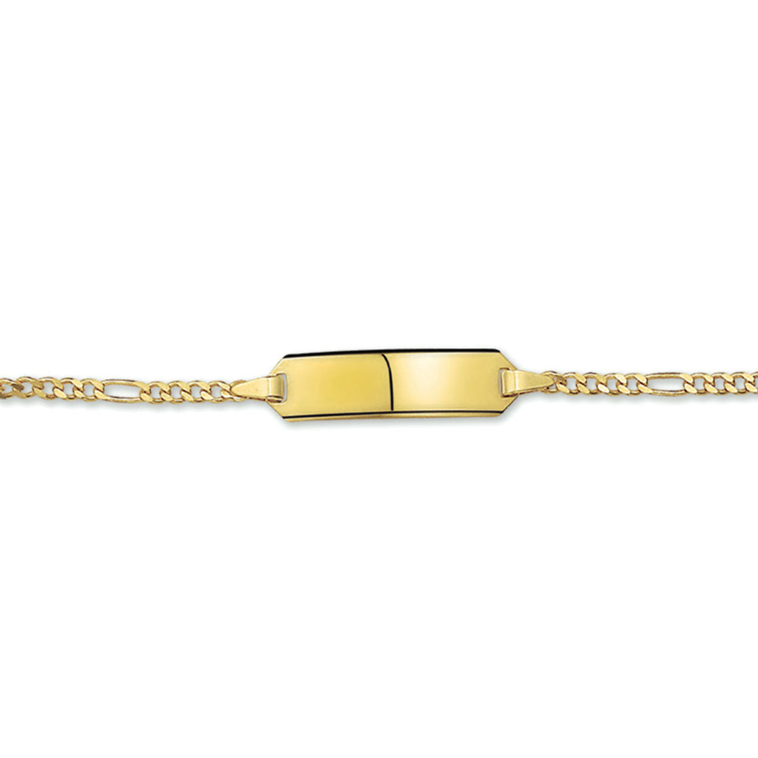 De Van der Kooij Collectie Baby armband goud figaro plaat 5,0 mm 14K is voorzien van een rechthoekig gepolijst identificatieplaatje en elegante figaro schakels, vervaardigd uit 14K geelgoud.