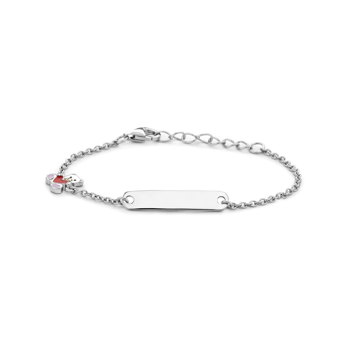 Pulsera de bebé de plata con un osito y un corazón, placa de 4,5 mm, acabado rodiado.